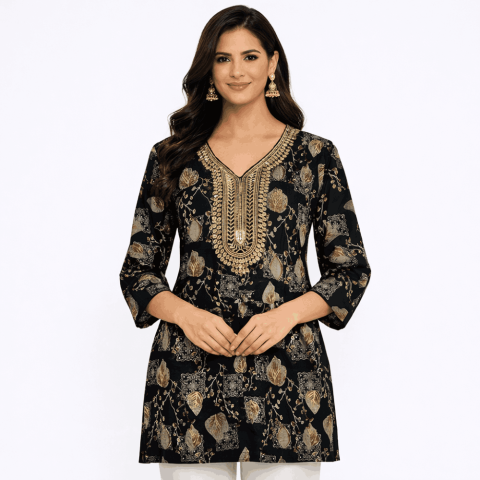 Casual wear kurta with embellished neckline -GLX-Beena 101 - Black