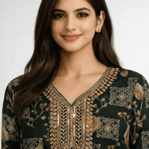 Casual wear kurta with embellished neckline -GLX-Beena 101 - Dark Forest Green