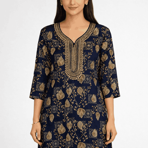 Casual wear kurta with embellished neckline -GLX-Beena 101 - Midnight Blue