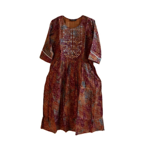 Flared Kurtha in ethnic print - RGN-5001 - Terracotta and Rustic Orange 