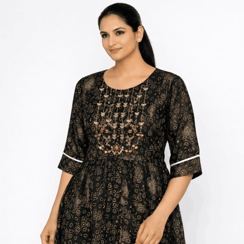 Flared Kurtha in ethnic print - RGN-5002 - Black and Olive Green