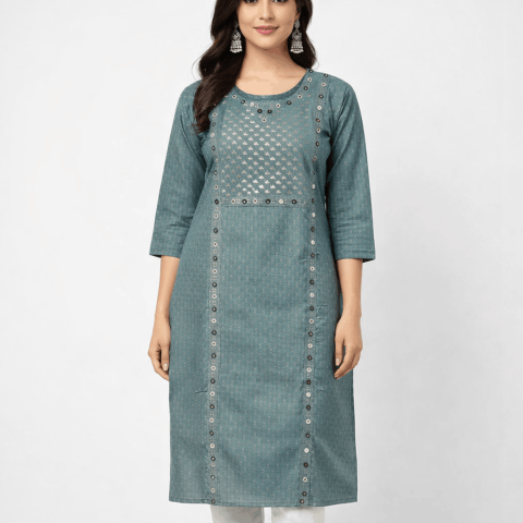 Fancy fabric long kurta - RRJ-Fancy Fabric Long Kurta - Sage Green