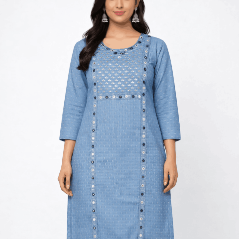 Fancy fabric long kurta - RRJ-Fancy Fabric Long Kurta - Pastel Blue