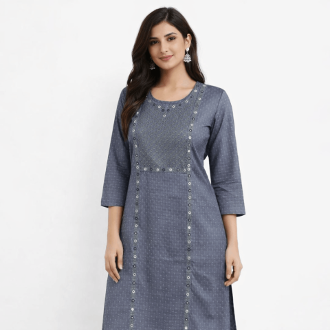 Fancy fabric long kurta - RRJ-Fancy Fabric Long Kurta - Pure Grey