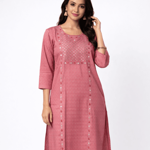 Fancy fabric long kurta - RRJ-Fancy Fabric Long Kurta - American Pink
