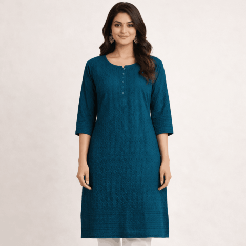 Cotton embroidery kurta -TNC-Tesla - Teal Blue