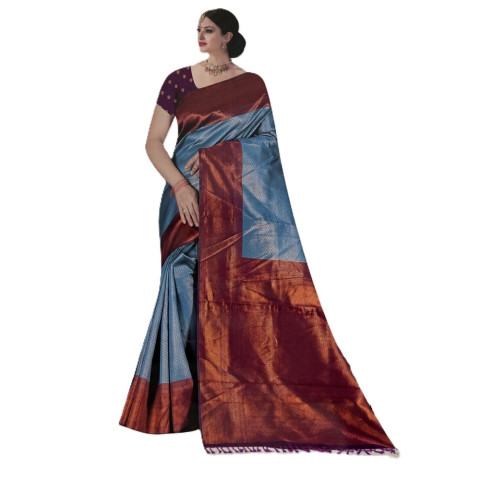 Woven Brocade Silk sarees - TUL-Mayuri Silk-Sky Blue with Maroon