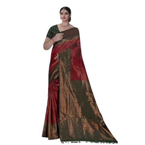 Woven Brocade Silk sarees - TUL-Mayuri Silk - Deep Red with bottle green border