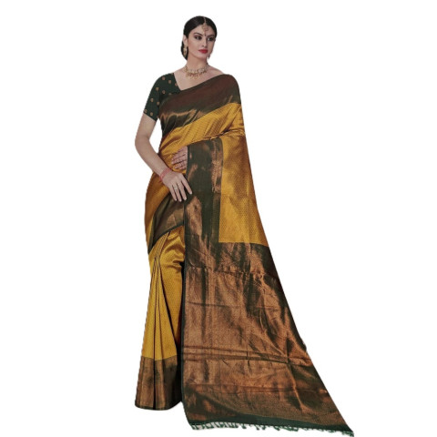 Woven Brocade Silk sarees - TUL-Mayuri Silk - Mustard yellow with bottle green boarder