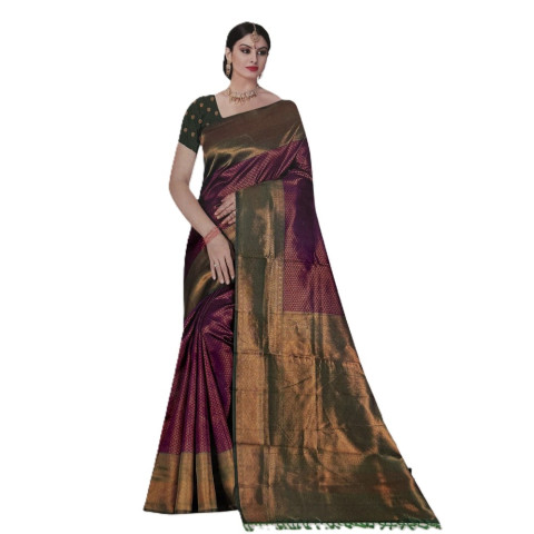 Woven Brocade Silk sarees - TUL-Mayuri Silk - Violet with Bottle Green Border 