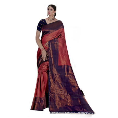 Woven Brocade Silk sarees - TUL-Mayuri Silk - Dark Coral Pink with Violet Border