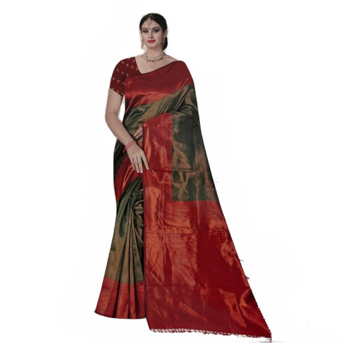 Woven Brocade Silk sarees - TUL-Mayuri Silk - Bottle Green with Red