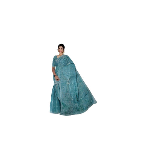 Fancy Organza Sarees - KAVI-Pankhudi-1- Turquoise Blue